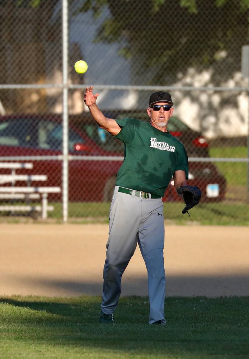 St. Matthews right fielder Eric Waca makes a throw in during Princeton Fastpitch Church League championship game Friday night at Westside Park.