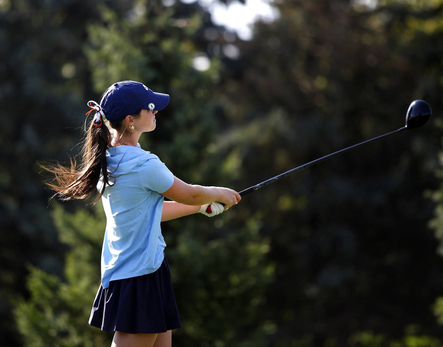 Oswego East’s Alli Wiertel tees off during the Class 2A Waubonsie Valley Girls Golf Sectional on Monday, Oct. 6, 2025 at Springbrook Golf Course in Naperville.