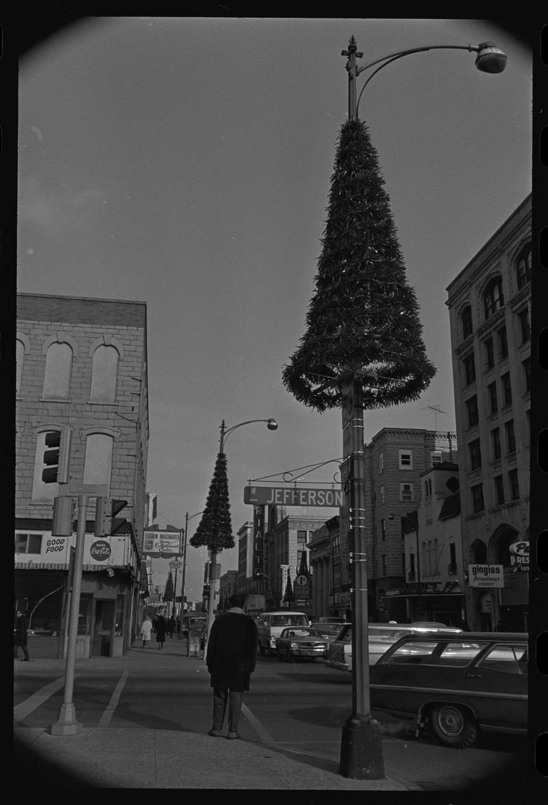 Christmas trees decorate downtown Joliet in 1969.