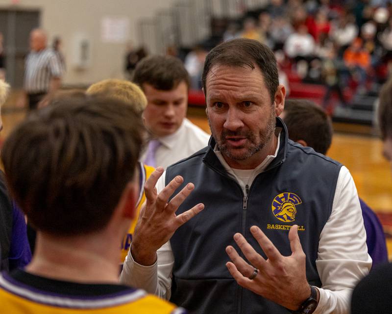 Mendota Head Coach, Steve Wasmer during timeout in the championship game of the Colmone Classic on Saturday, December 20, 2025 at Hall High School in Spring Valley.