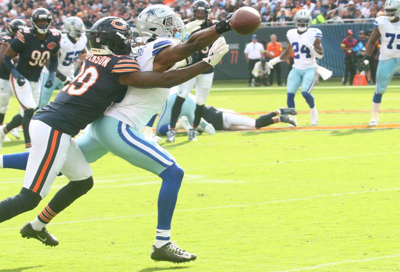 Chicago Bears defensive back Tyrique Stevenson breaks up a pass intended for Dallas Cowboys running back Javonte Wiliams Chicago Bears tight end Cole Kmet smiles after scoring a touchdown against the Dallas Cowboys on Sunday, Sept. 21, 2025 at Soldier Field.