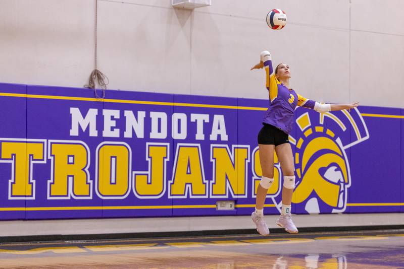 Harlow Foltnewicz serves the ball against Hall High School during the match at Auxiliary Gym on September 2, 2025 at Mendota High School.