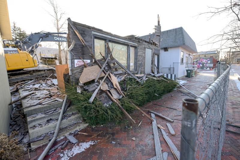 The historic 1890s Tin Shop building is being demolished, to make way for a downtown plaza with a public restroom facility and seating, on Wednesday, Jan 21, 2026 in Batavia.