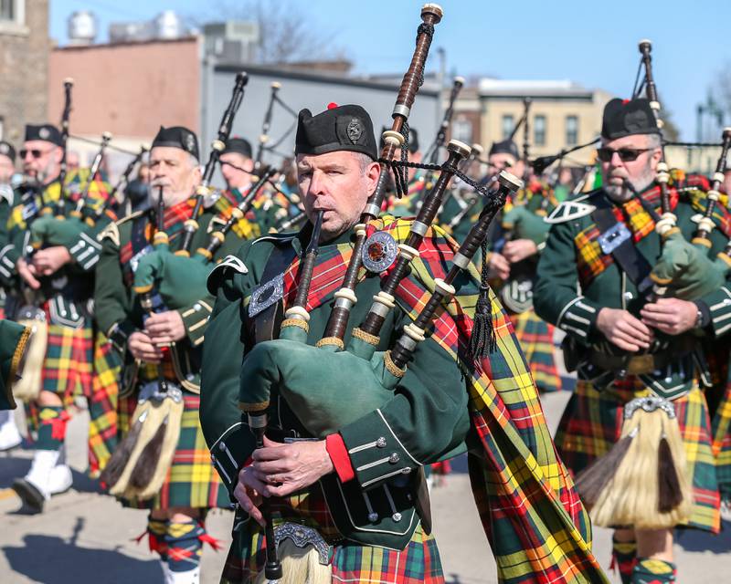 The Stockyard Kilty Band march in the Lemont St. Pat's Day Parade on Saturday, March 8, 2025  in Lemont.
