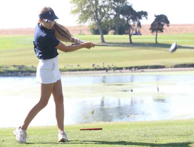 Fieldcrest's Zoe McFall tees off during the Class 1A Regionals on Tuesday, Sept. 30, 2025 at Spring Creek Golf Course in Spring Valley.