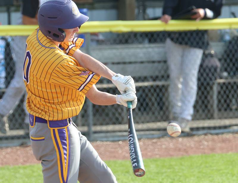 Mendota's Cal Doyle makes contact with the ball on Friday, May 8, 2026 at Putnam County High School.