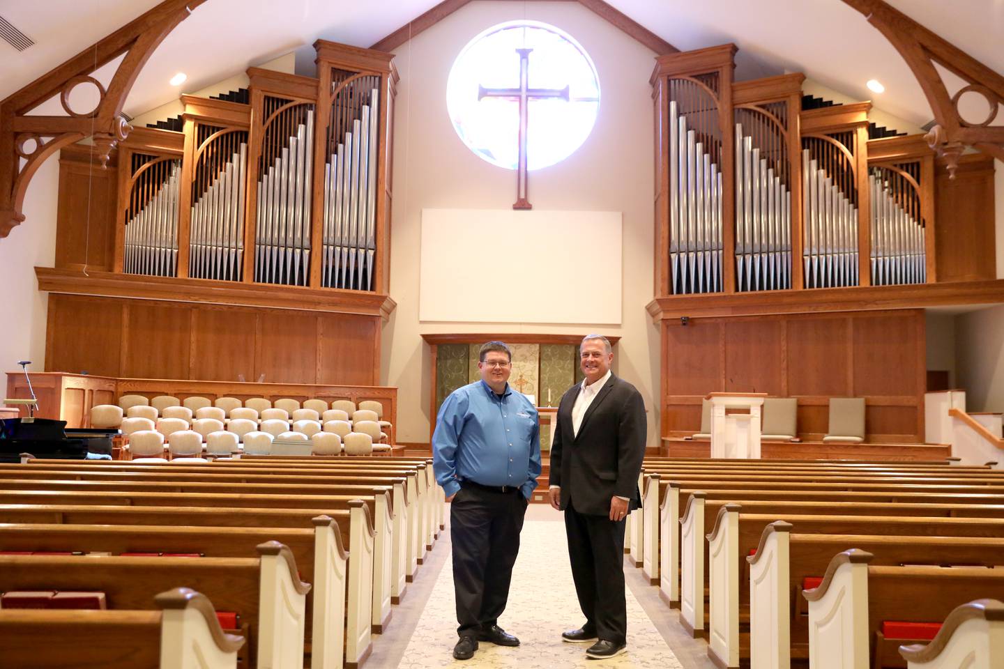United Methodist Church of Geneva Pastor Rob Hamilton (left) and Chuck Howlett, steering committee member, will celebrate the 185th year of official gatherings of Methodists in Geneva along with 150 years in the current location on Hamilton Street Sept. 27-29, 2024 in Geneva.