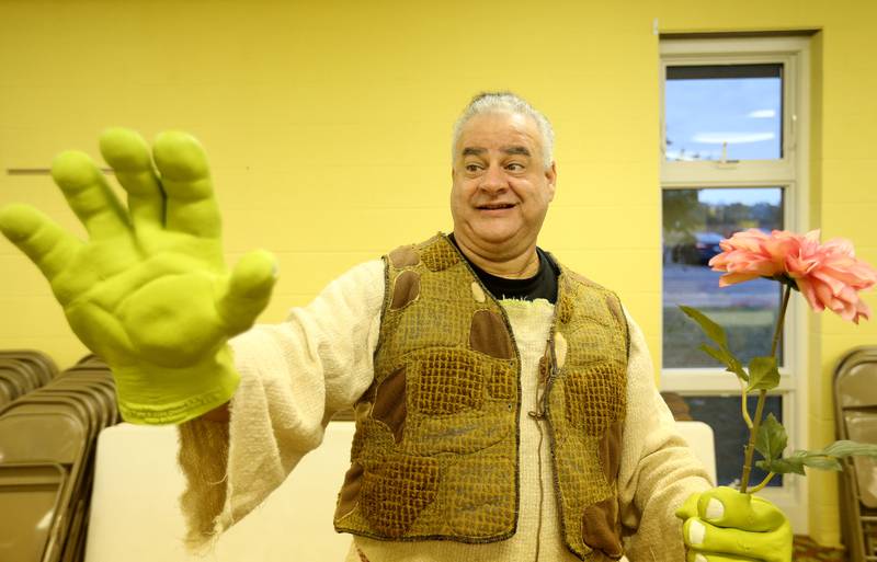 Shrek, played by Jeff Sudakov, acts out a scene during a rehearsal of Shrek the Musical on Monday, Oct. 13, 2025 at the Henry United Methodist Church. The River Valley Players are staging Shrek the Musical, with performances scheduled for Nov. 15-16 and 21-22, 2005 at the Henry United Methodist Church in Henry