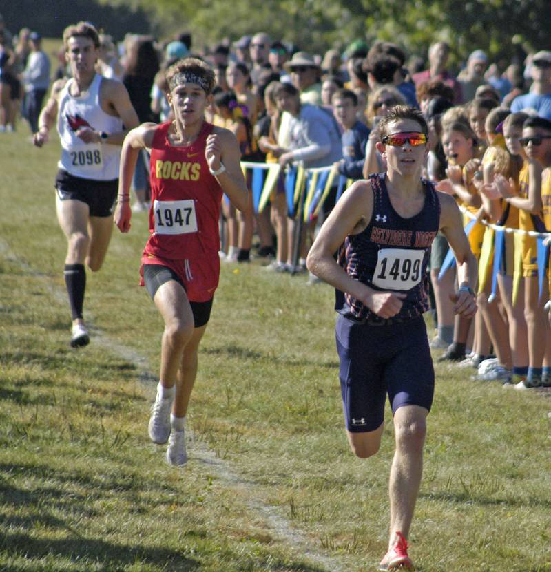 Winner Judah Binger of Belvidere Noth and second place finisher Elliot Batz Of Rock Island battle at the finish. Local High School teams gathered at Hoover Park in Sterling for the Rock River Run, held on Saturday, September 27, 2025.