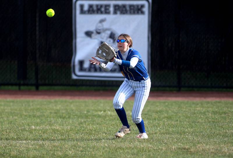 Wheaton North's Makayla Grantz makes a catch in center field during a game against St. Charles North on Tuesday, April 15, 2025 in St. Charles.