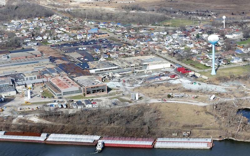 An aerial photo of the Village of Naplate showing tornado damage on Wednesday, March 1 2017.