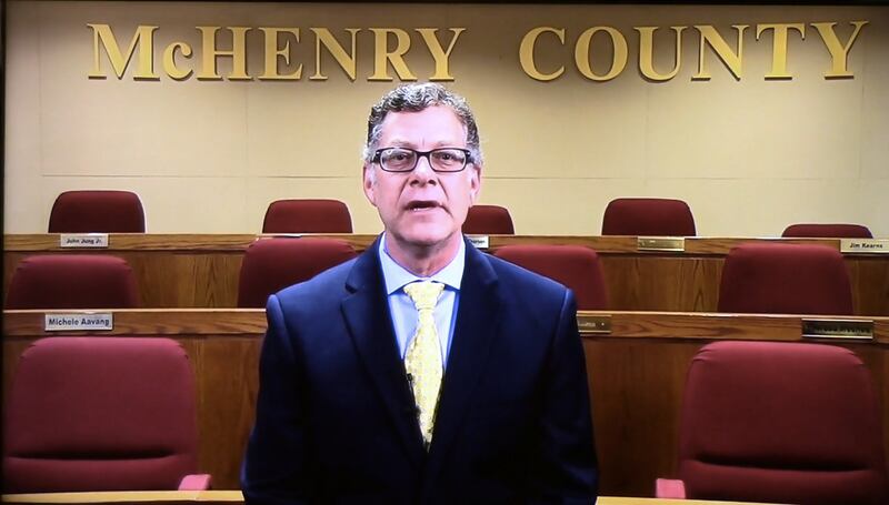 McHenry County Board Chairman Mike Buehler delivers his "state of the county" address in a prerecorded video shown at a County Board meeting Tuesday, April 20, 2021.