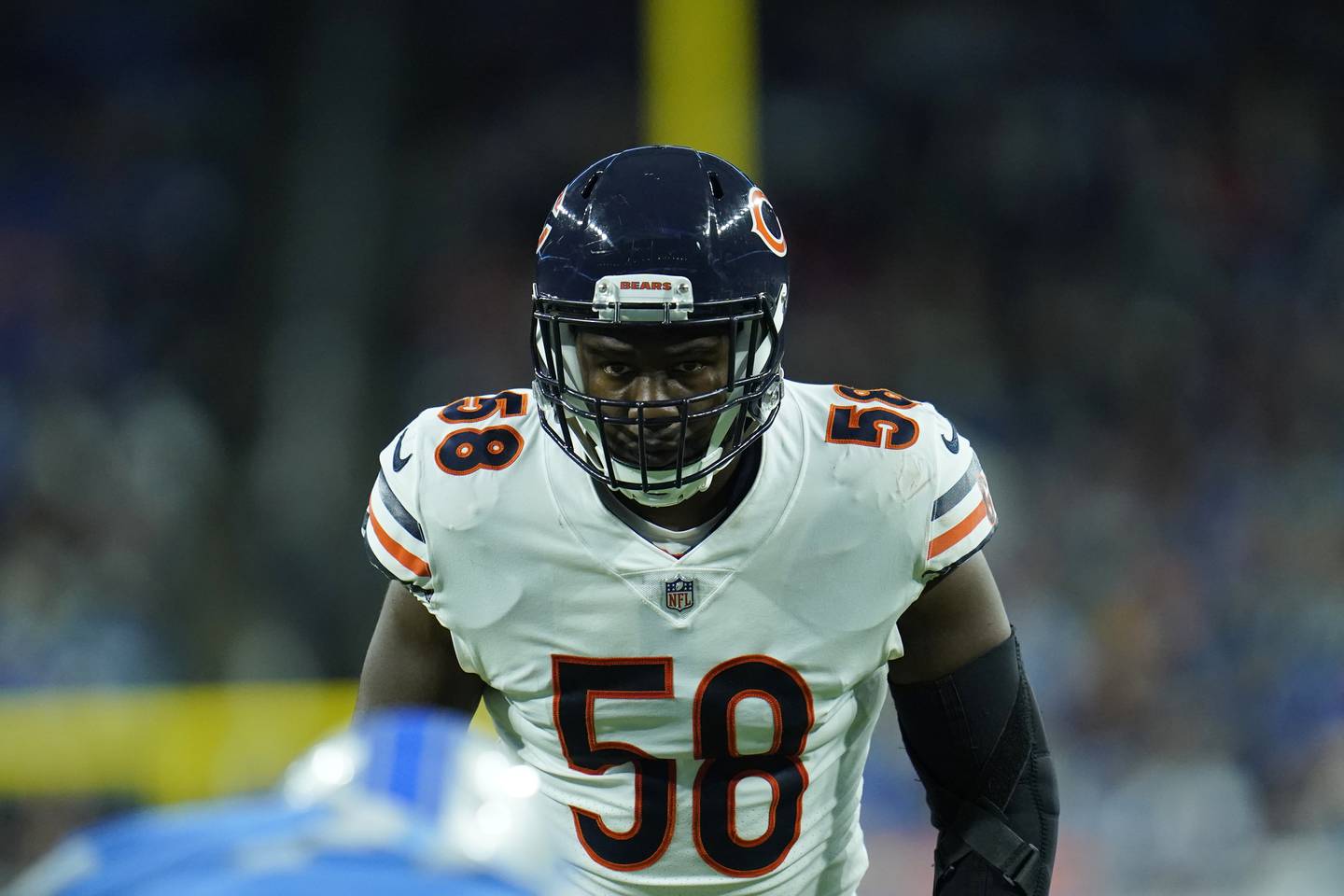 Chicago Bears inside linebacker Roquan Smith waits on the snap against the Detroit Lions, Thursday, Nov. 25, 2021, in Detroit.