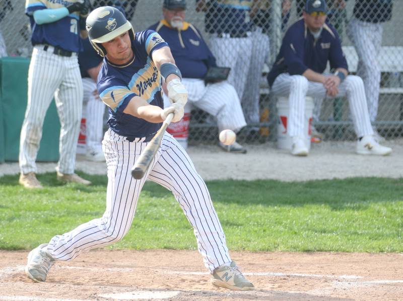 Marquette's Griffin Dobberstein smacks a hit against St. Bede on Thursday, April 24, 2025 at St. Bede Academy.