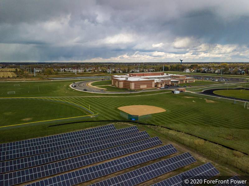 Huntley School District 158 installed solar panels at three of its campuses, in Huntley, Algonquin and Lake in the Hills, making up a system of 15,100 panels that will offset 12.3 million pounds of carbon emissions.