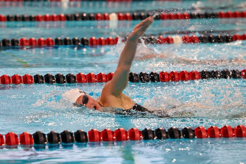 Bradley-Bourbonnais' Bria McCrary competes in the 200-yard freestyle race during the Boilermakers' victory over Kankakee and Bishop McNamara in the All-City swim meet on Tuesday, Sept. 9, 2025.