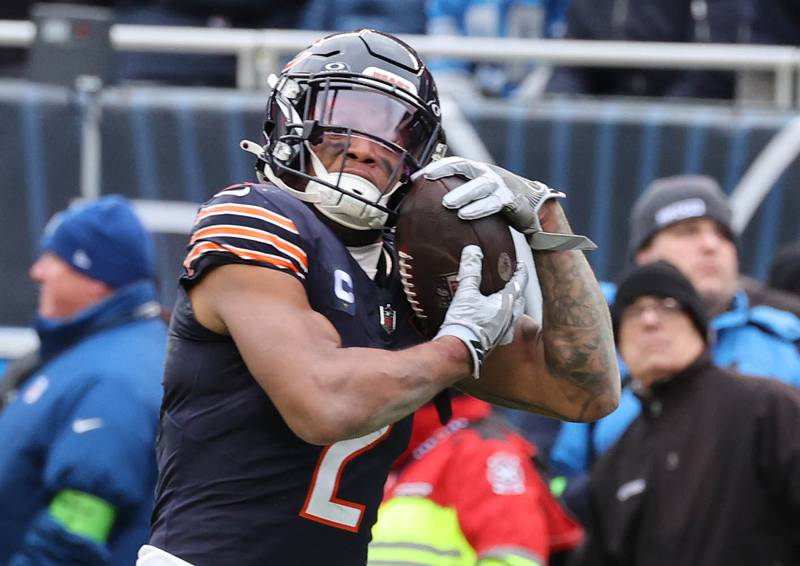 Chicago Bears wide receiver DJ Moore gets behind the Detroit Lion secondary and catches a touchdown pass during their game Sunday, Dec. 10, 2023 at Soldier Field in Chicago.