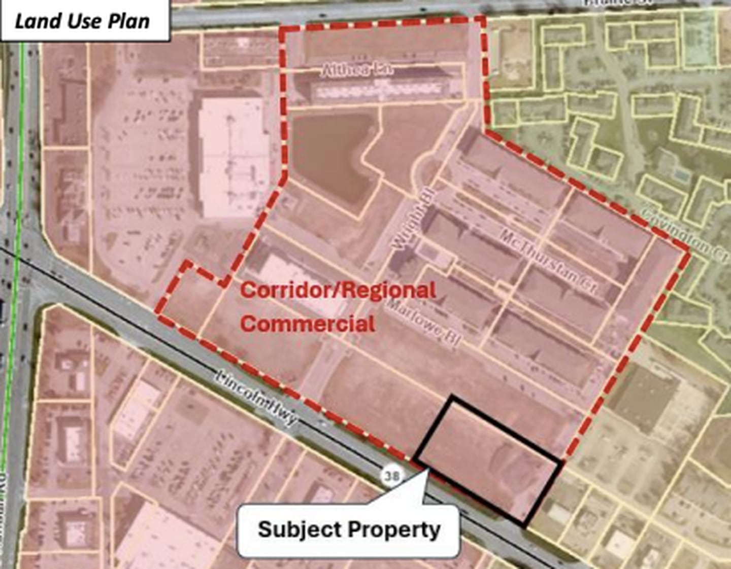 The proposed Gardner School in St. Charles would be tucked within the larger, Prairie Center development (pictured in red) off of Lincoln Highway.