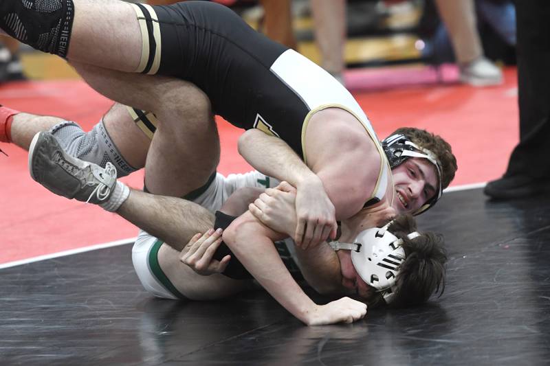Polo's Kaenyn McCarren and West Carroll's Cole Herrell wrestle at 150 pounds for first place at the 1A Stillman Valley Sectional on Saturday, Jan. 31, 2026 at Stillman Valley High School.
