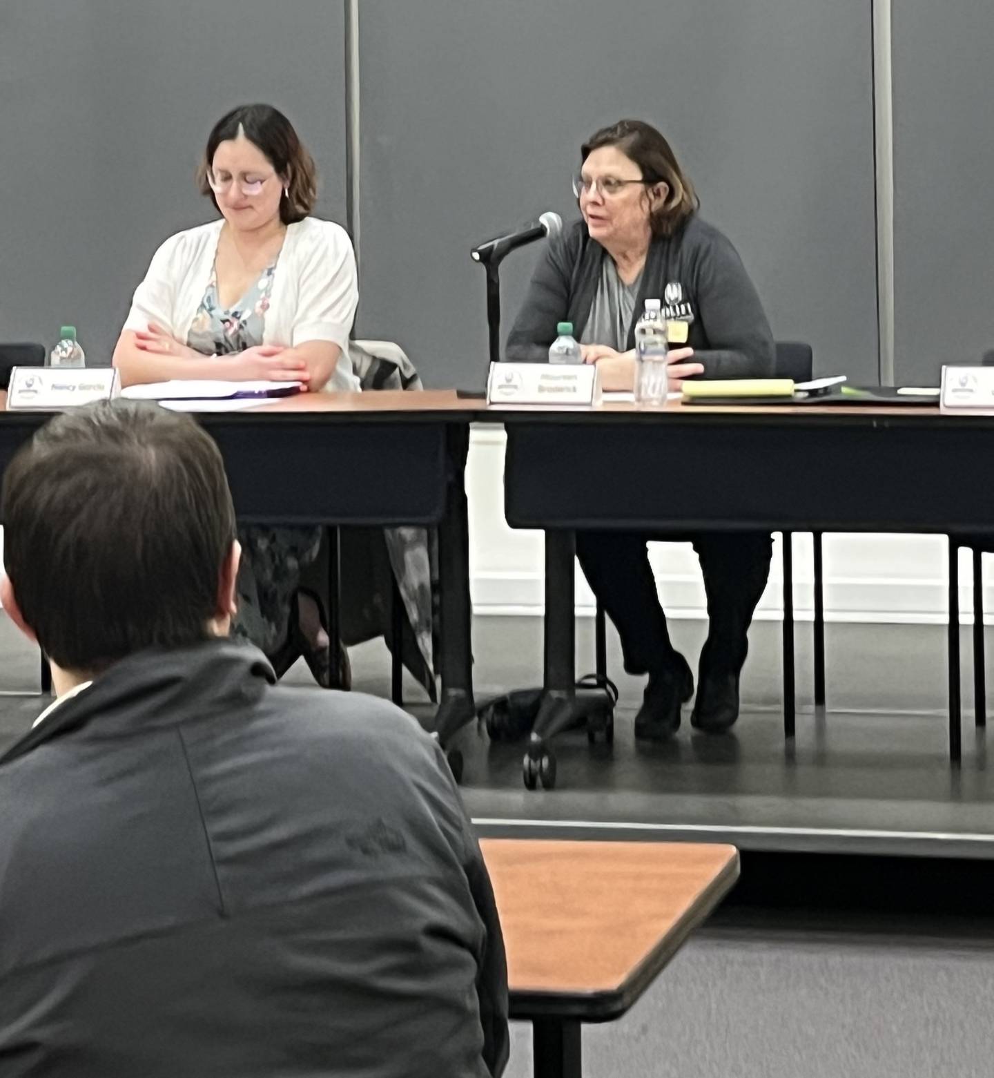 Joliet Junior College Board of Trustees incumbents (from left) Nancy Garcia and Maureen Broderick appear at a forum for trustee candidates held at the college on Tuesday, March 4, 2025