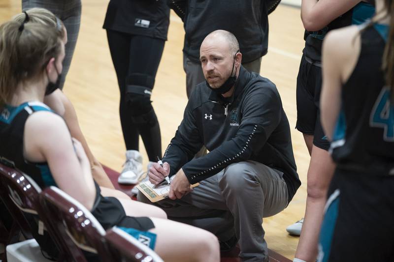 Woodstock North girls basketball head coach Mike Lewis during their game against Marengo on Tuesday, February 1, 2022 at Marengo High School. Woodstock North won 46-42.