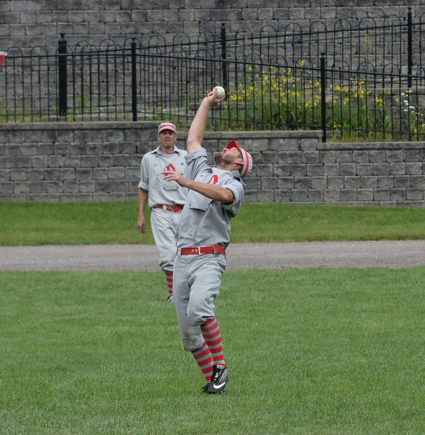 Oregon Ganymede shortstop Brett "Shifty" Rogers makes a nifty one-handed catch on a line drive at the 21st Annual World Tournament of Historic Base Ball in Dearborn, Michigan on Sunday, Aug. 11, 2024.