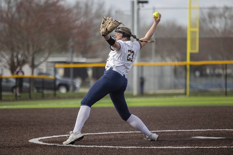 Sterling’s Sienna Stingley fires a pitch against Rockridge in April 2024 at Sterling High School.