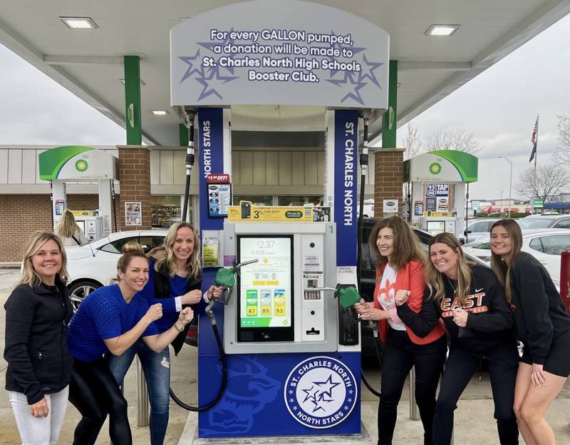 St. Charles city officials and Athletic Booster Club members pose at the Spirit Pump kick-off on Thursday April 18, 2024, at The Pride of St. Charles at 1505 Lincoln Highway. (From left: Mayor Lora Vitek, North Booster Club Presitent Amy Siotrops, North Booster Club Vice President Jen Curtis, East Booster Club Vice President Heather Trask and Claire Trask)