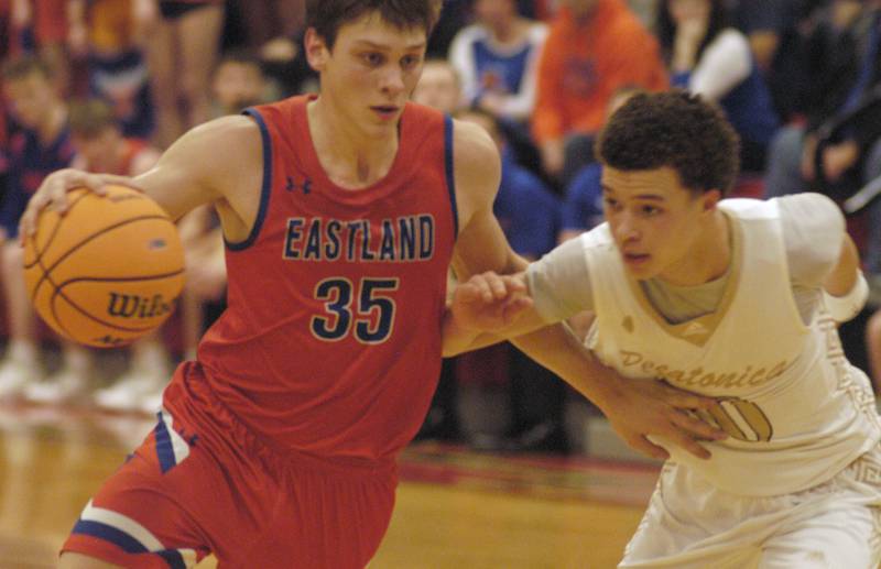 Eastland's Parker Krogman dribbles around Pecatonica defender Izaiah Braimah. The Eastland Cougars faced the Pecatonica Indians in Friday’s Class 1A Orion Sectional final at Orion High School on March 6, 2026. Eastland won the game 48-41.
