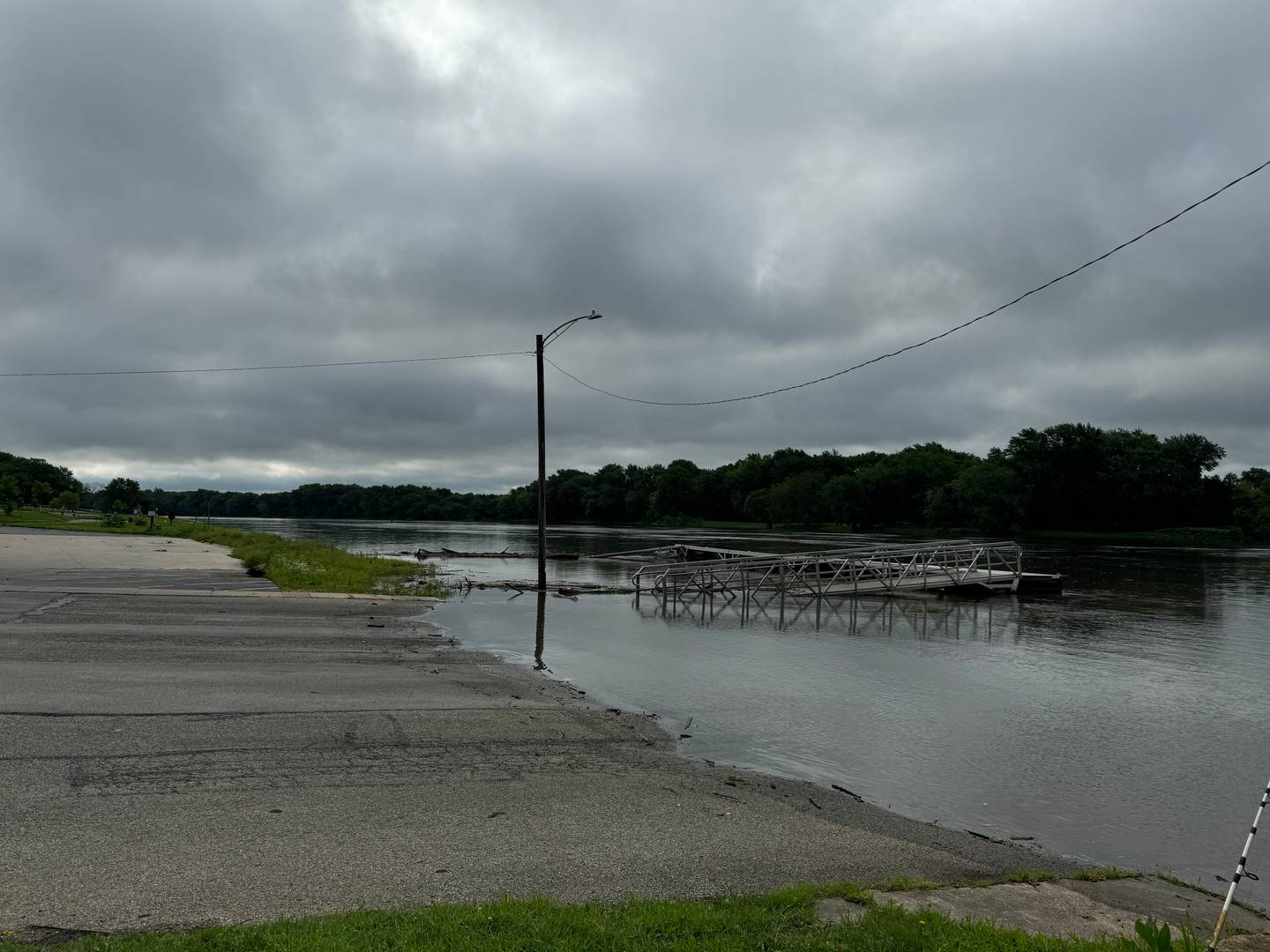 The docks at Stratton Park in Morris are nearly submerged after storms Monday night.