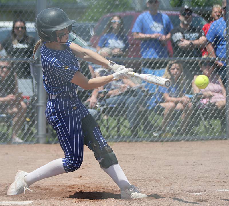 Newark's Peyton Wohead gets a hit against Woodland/Flanagan-Cornell in the Class 1A Sectional title game on Saturday, May 28, 2022 in Dwight.