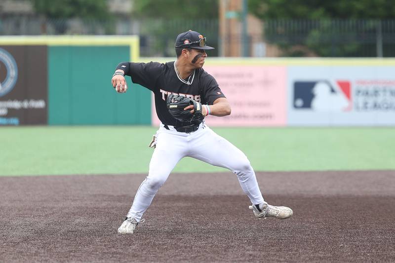 Crystal Lake Central’s Jaden Obaldo makes a throw to first against Lemont in the IHSA Class 3A Championship game on Saturday June 8, 2024 Duly Health and Care Field in Joliet.