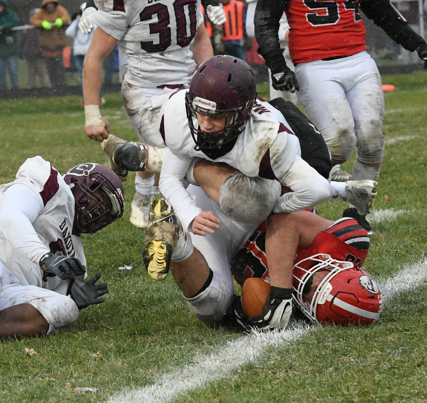 Forreston's Johnathen Kobler (25) lands just inches away from the end zone during first half action against Dakota in 1A playoff action on Saturday, Nov. 12.