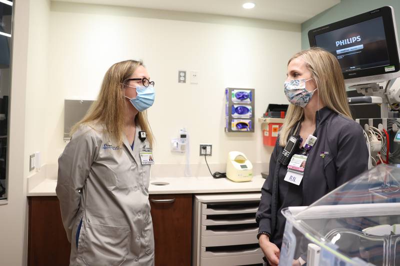 Dr. Corryn Greenwood, left, and Shift Coordinator Michelle Kelly talk inside one of the nurseries at the new NICU at Silver Cross Hospital in New Lenox. Tuesday, July 26, 2022 in New Lenox.
