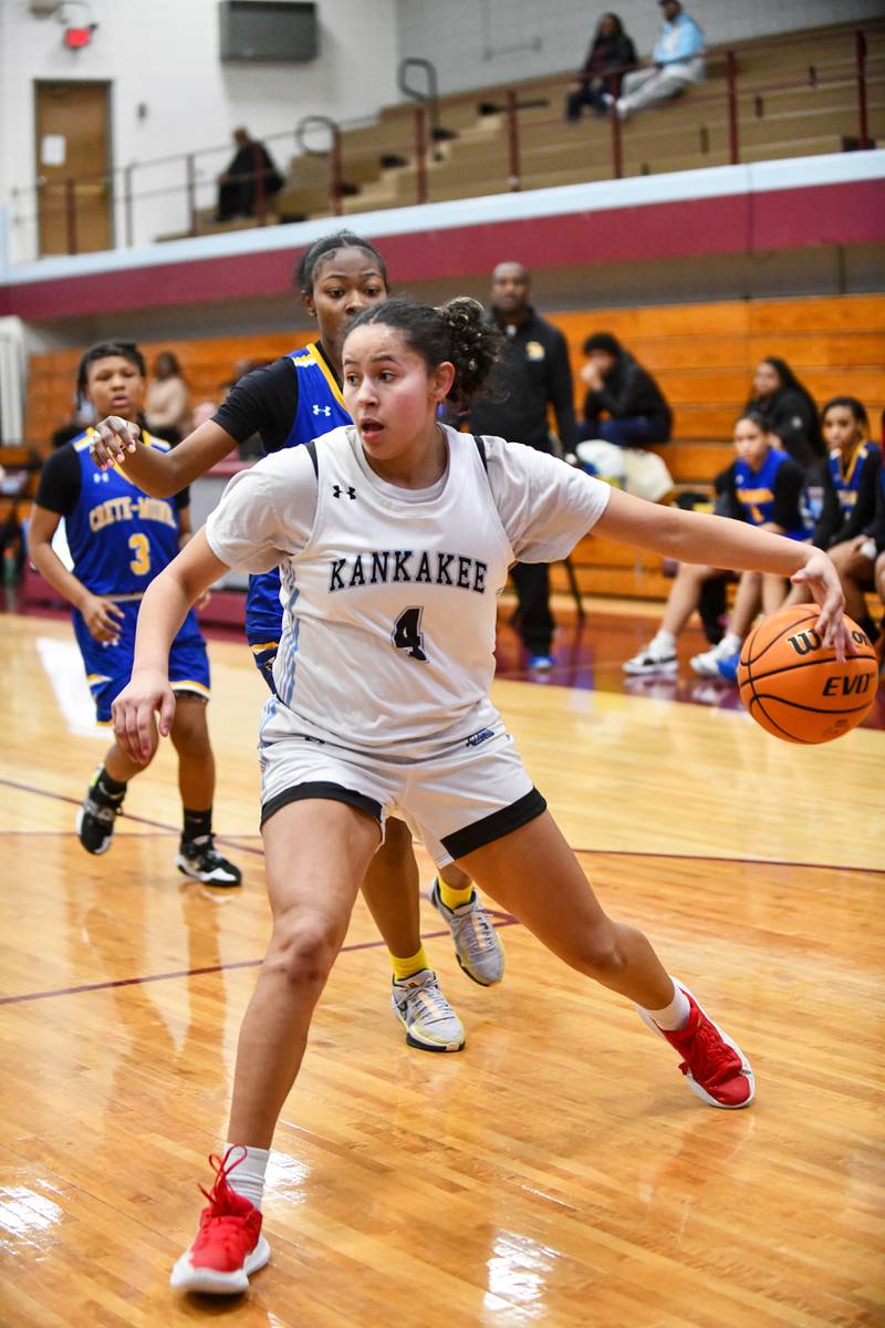 Kankakee's Malea Harrison drives to the lane Thursday, Feb. 6, 2025, during the Kays' 49-15 victory over Crete-Monee.