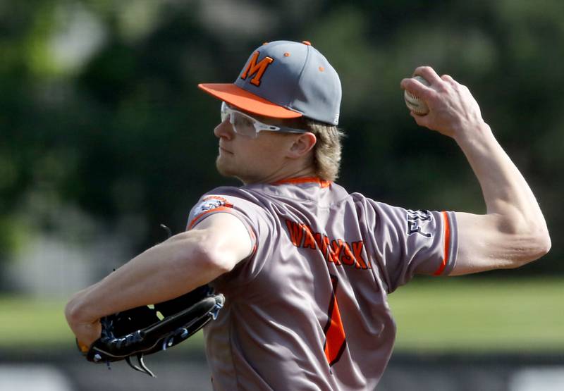 McHenry's Kaden Wasniewski throws a pitch during a Fox Valley Conference baseball game against Huntley on Tuesday, May 8, 2026, at Huntley High School.