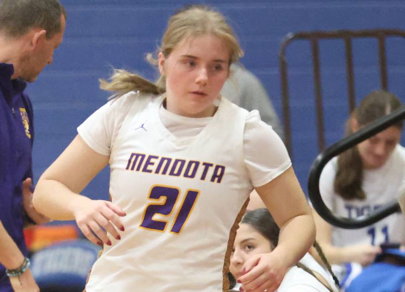Mendota's Addison Perryman checks in the game during the Tiger Girls Basketball Holiday Tournament on Tuesday, Nov. 18, 2025 at Princeton High School.