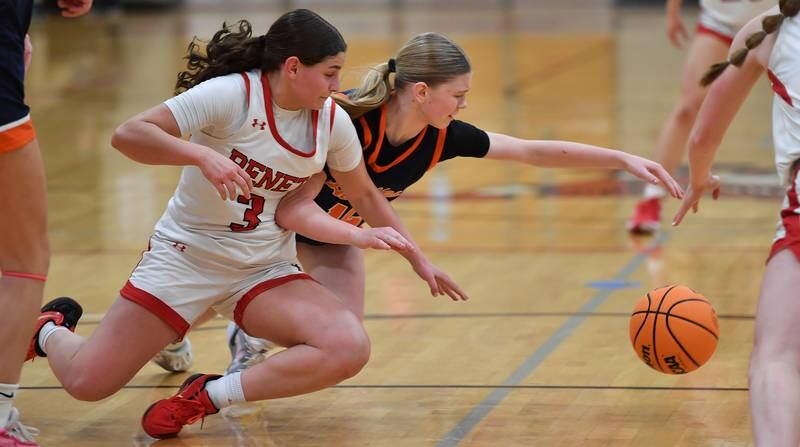 Benet’s Aria Mazza (3) and Naperville North’s Sydney Smith go down for a loose ball during the Class 4A Benet Regional championship game on February 20, 2025 at Benet Academy in Lisle.