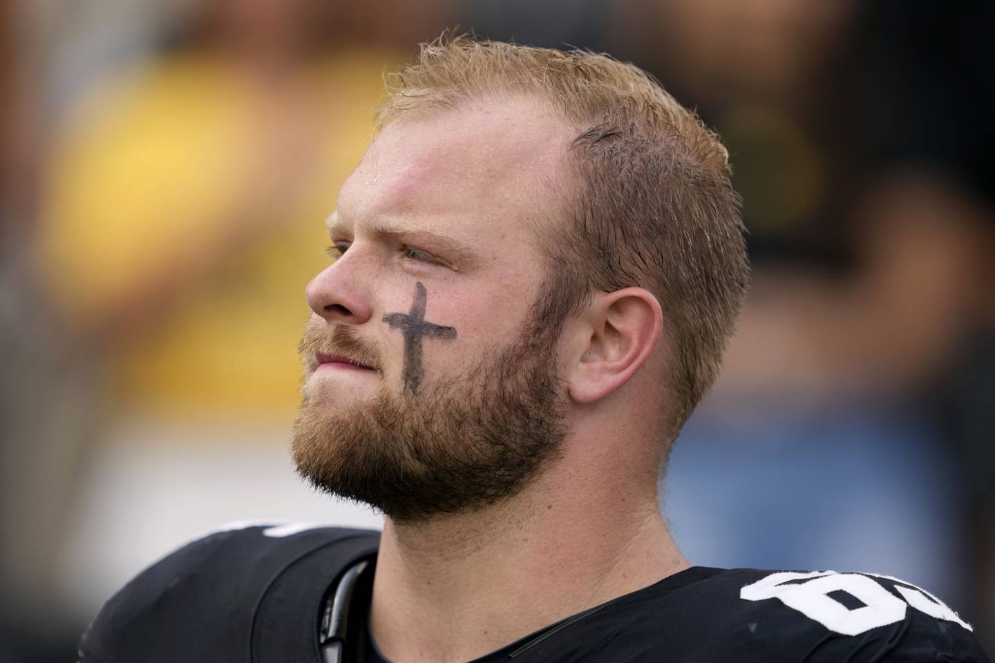 Iowa offensive lineman Logan Jones stands on the field before an NCAA college football game Albany, Saturday, Aug. 30, 2025, in Iowa City, Iowa. (AP Photo/Charlie Neibergall)