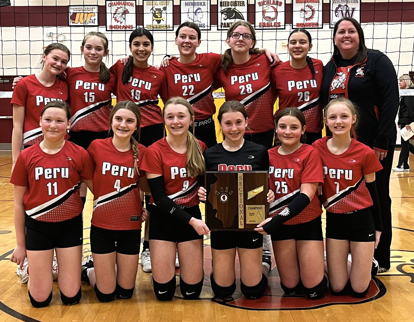 The Parkside seventh grade volleyball team advanced to state with a victory over Peotone in the sectional final. Pictured, front row (left to right): Charlie Slusarek, Annika Skoog, Madyson Putman, Mia Michaelson, Emma Tomlinson and Arley George. Back row: Parker McClain, Margaret Bumgarner, Zariah Delgado, Hope Antkowiak, Riley Russell, Jalynn Sanders and coach Tara Backes.