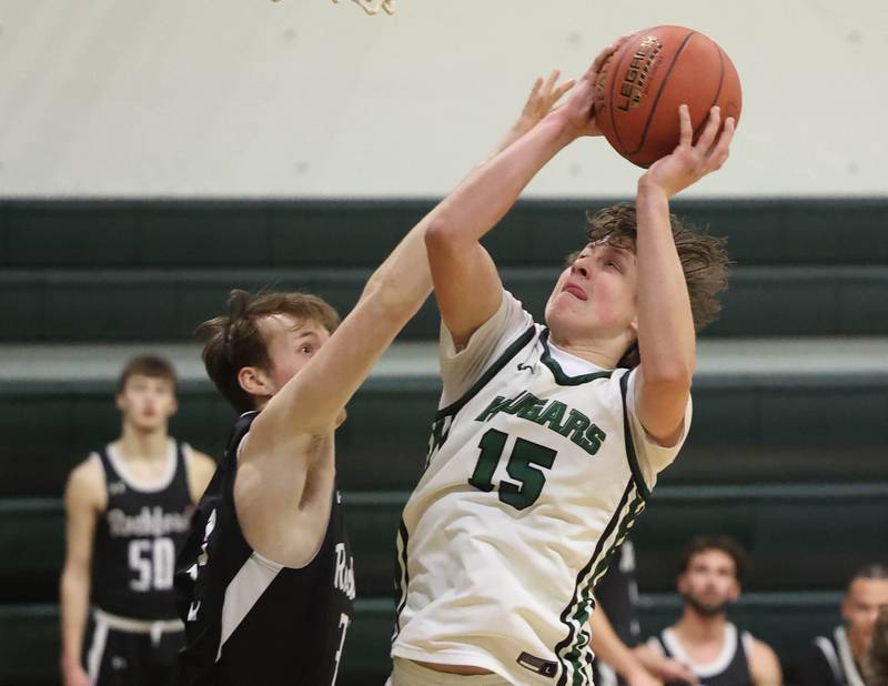 Kishwaukee College's Cam Davitz goes to the basket against Rockford University's Kelso Tennant Thursday, Jan. 22, 2026, during their game at Kishwaukee College in Malta.