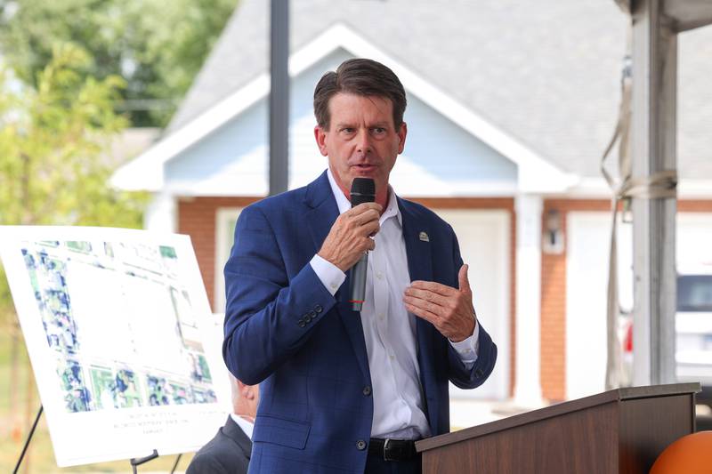 Kankakee Mayor Chris Curtis speaks during the West Harbor Residences ribbon cutting and street dedication ceremony on Wednesday, July 23, 2025.