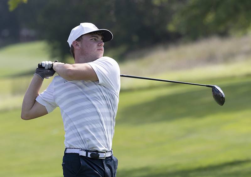Rock Falls’ Conner Porter watches his tee shot Saturday, Aug. 24, 2024, at Deer Valley.