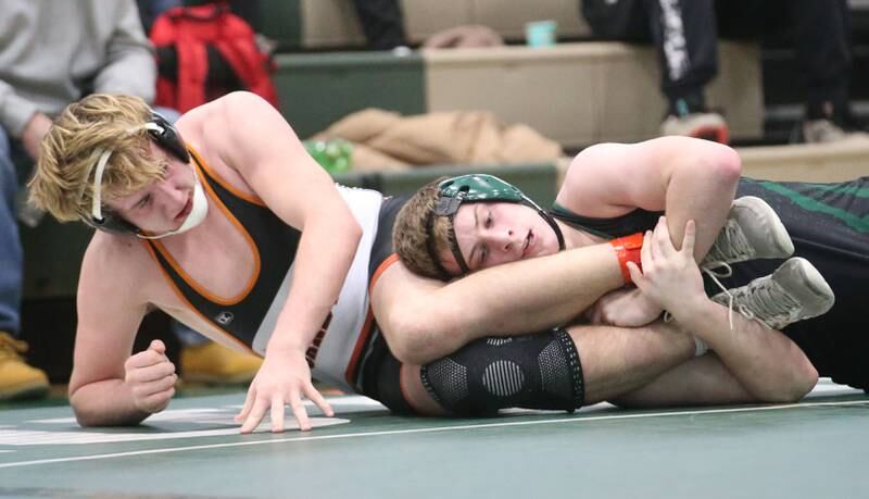 Sandwich's Kaden Clevenger wrestles St. Bede's Garrett Connelly in the 190 pound weight class during the Class 1A Regional meet on Saturday, Feb. 8, 2025 at St. Bede Academy.