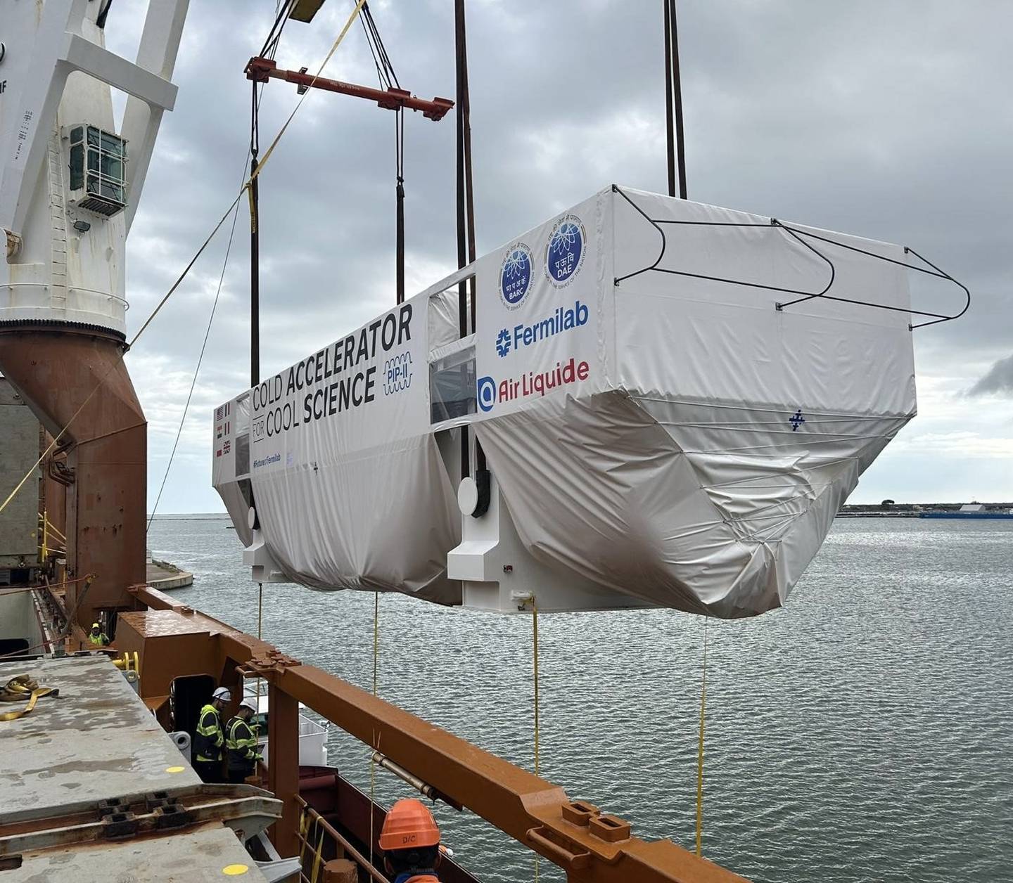 At the Port of Marseille-Fos, France, the coldbox was transferred from a barge to the transport ship for its transatlantic trip to the Port of New Orleans in the United States.