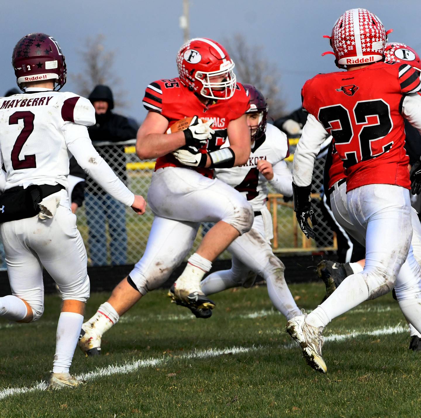 Forreston's Johnathen Kobler (25) runs for a gain during first half action against Dakota in 1A playoff action on Saturday, Nov. 12.