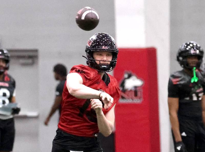 Northern Illinois quarterback Josh Holst, from Marengo, delivers a pass during the first spring football practice Thursday, March 27, 2025, in the Chessick Practice Center at NIU in DeKalb.