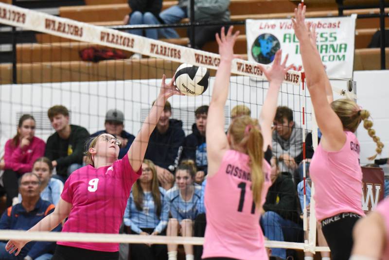 Watseka's Sophia Kochvar, left, looks to send a ball past Cissna Park's Sophie Duis, center, and Laura Eisenmann during a game at Watseka Tuesday, Oct. 21, 2025.