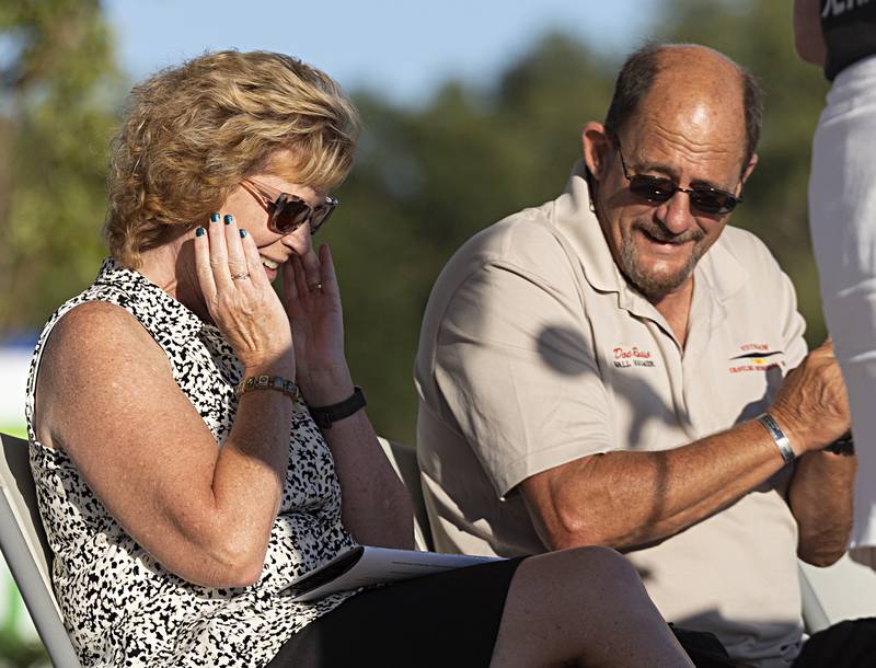 Melinda Jones, director of Rock Falls Tourism, gets emotional after being recognized for her effort Friday, Sept. 1, 2023 in bringing the Vietnam Traveling Memorial Wall to Rock Falls.