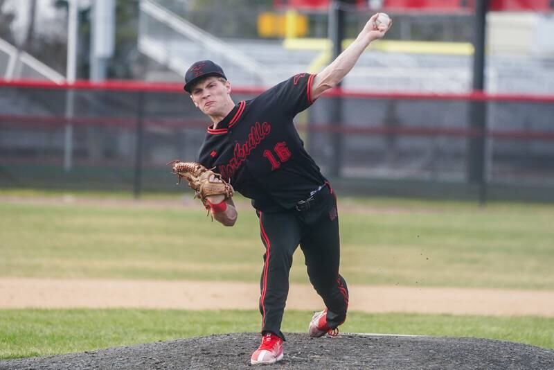 Yorkville's Simon Skroch (16) delivers a pitch against Lincoln-Way Central during a baseball game at Yorkville High School on Tuesday, March 12, 2024.